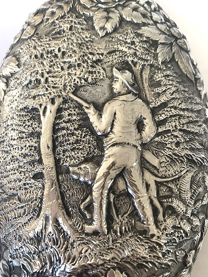 hunting scene on Jenkins & Jenkins flask repousse Baltimore silver sterling